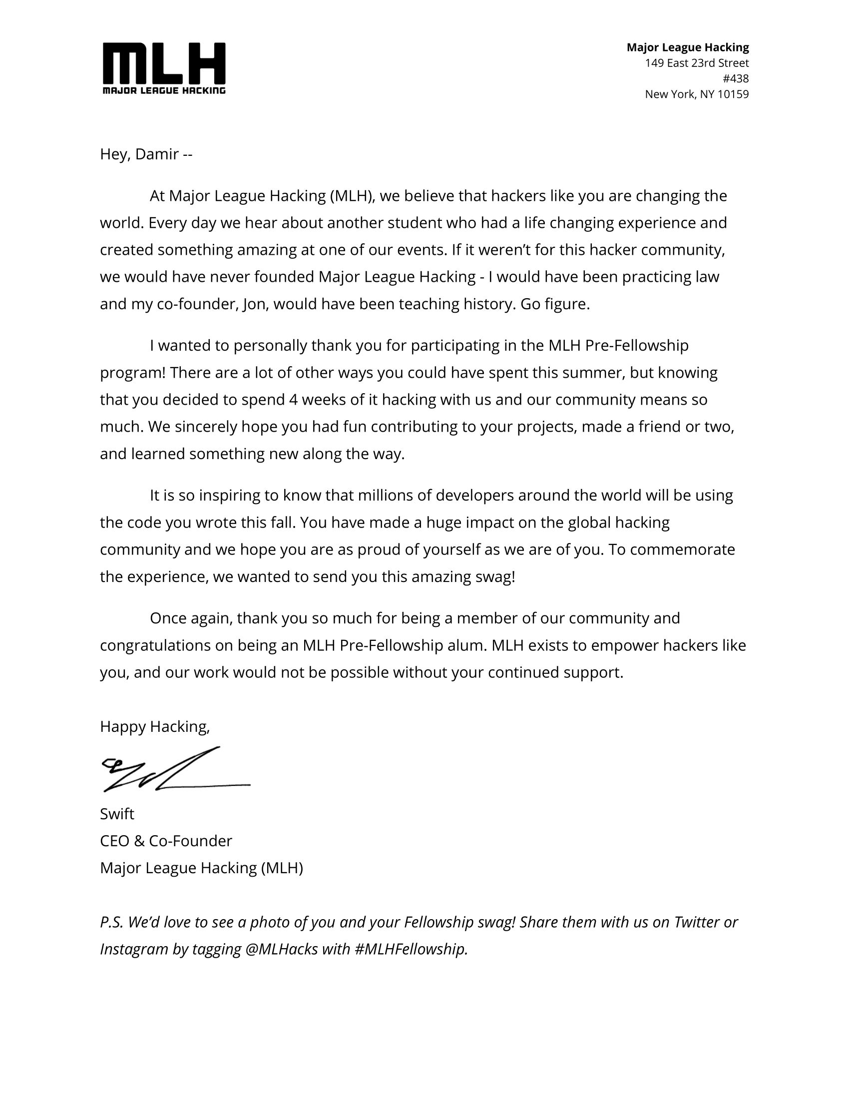 Graduation Letter from MLH's CEO Swift