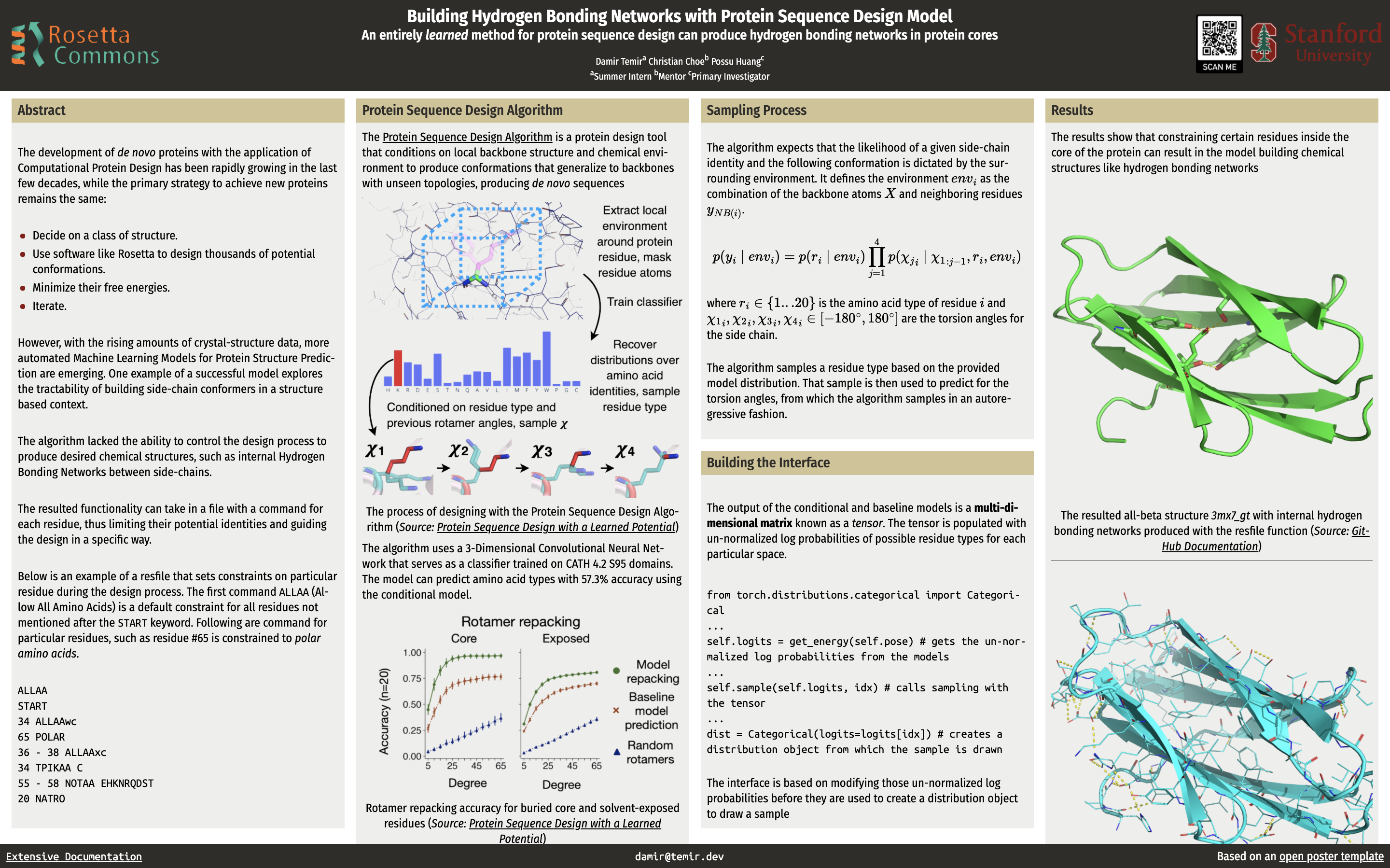 My poster titled Building Hydrogen Bonding Networks with Protein Sequence Design Model that covers my work on the project during the summer